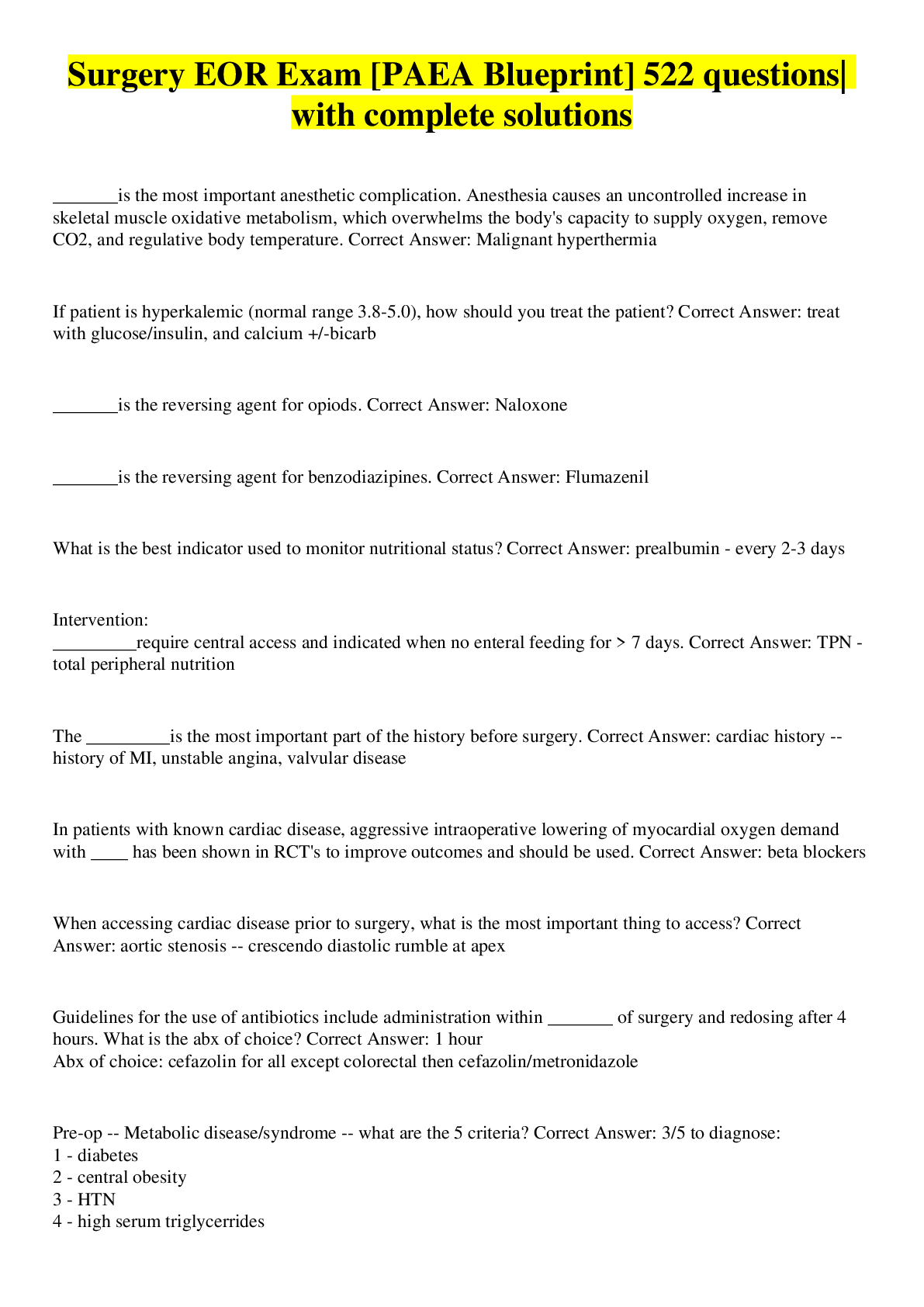 Preview image for Surgery EOR Exam [PAEA Blueprint] Questions And Answers( With Complete Top Solution)